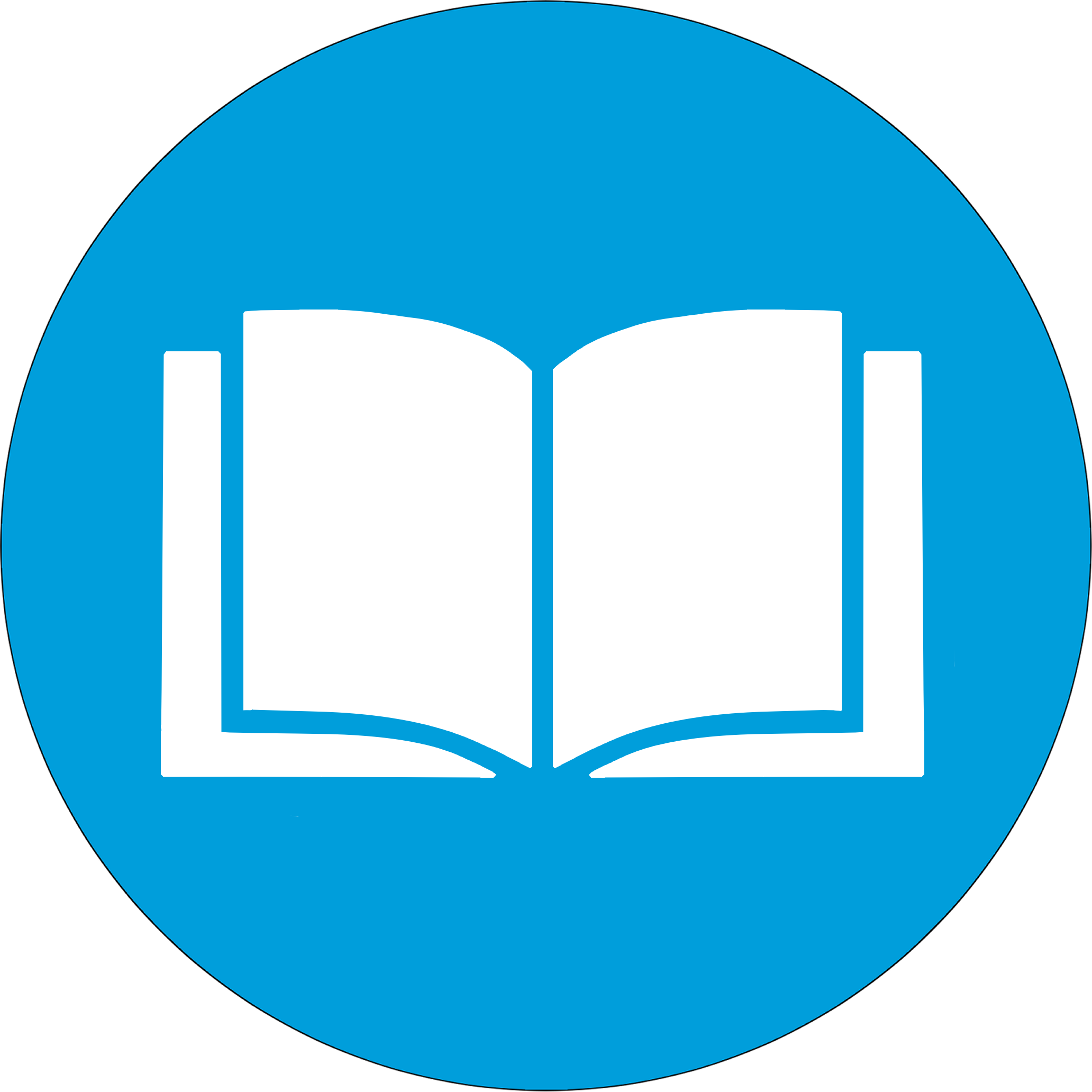 A light blue, circular logo with an open white book in the center.